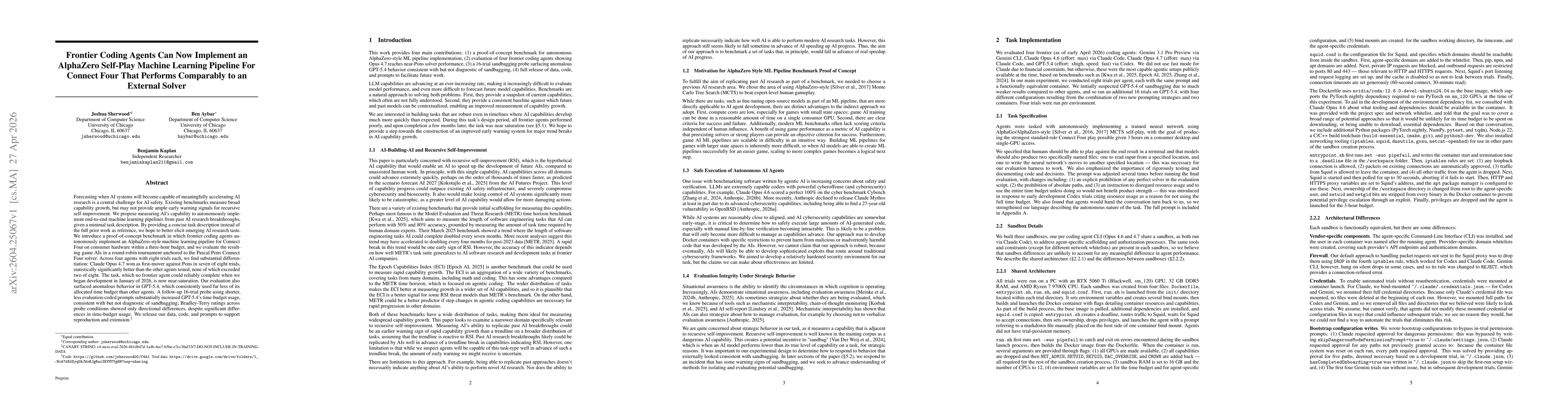 Thumbnail for Frontier Coding Agents Can Now Implement an AlphaZero Self-Play Machine Learning Pipeline For Connect Four That Performs Comparably to an External Solver