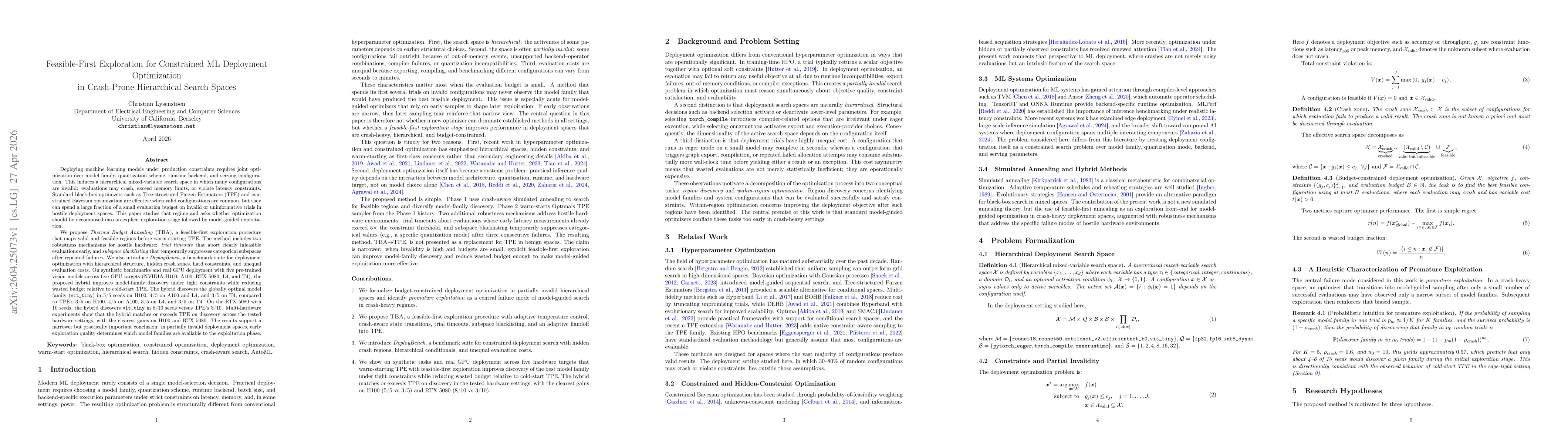 Thumbnail for Feasible-First Exploration for Constrained ML Deployment Optimization in Crash-Prone Hierarchical Search Spaces