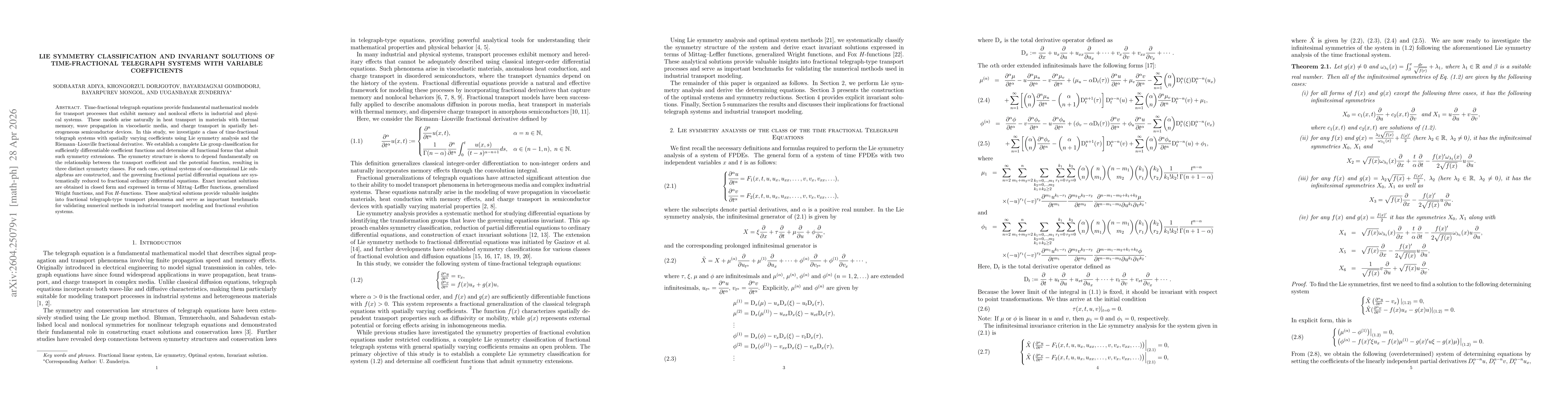 Thumbnail for Lie symmetry classification and invariant solutions of time-fractional telegraph systems with variable coefficients