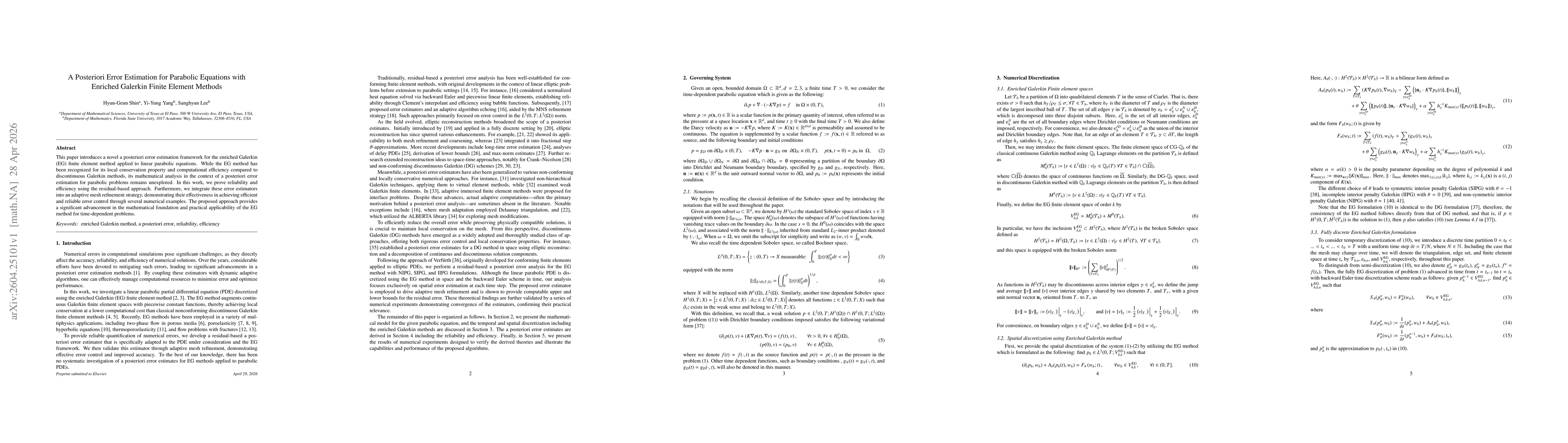 Thumbnail for A Posteriori Error Estimation for Parabolic Equations with Enriched Galerkin Finite Element Methods