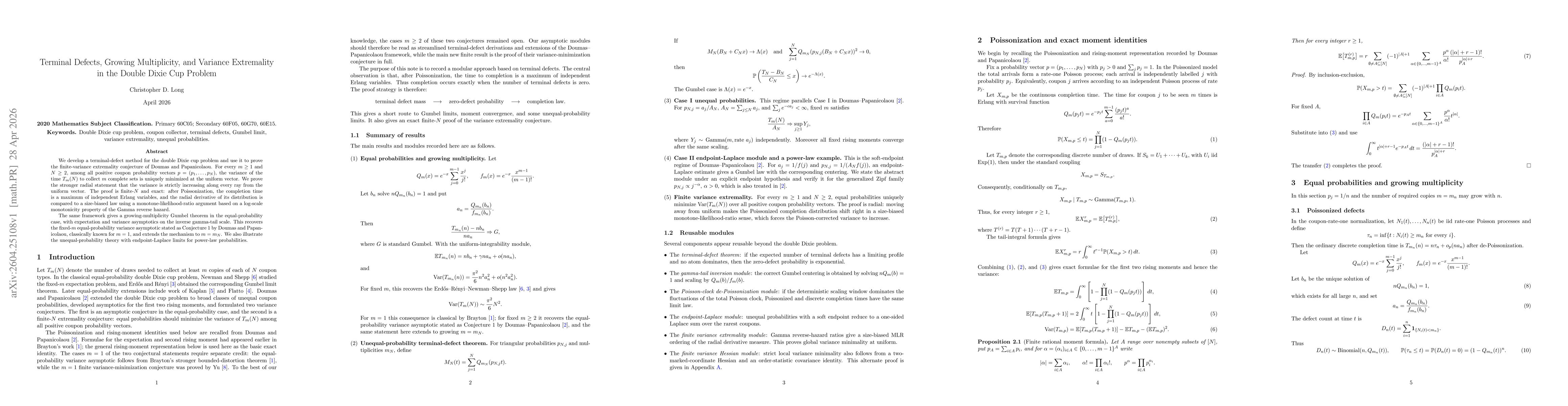 Thumbnail for Terminal Defects, Growing Multiplicity, and Variance Extremality in the Double Dixie Cup Problem