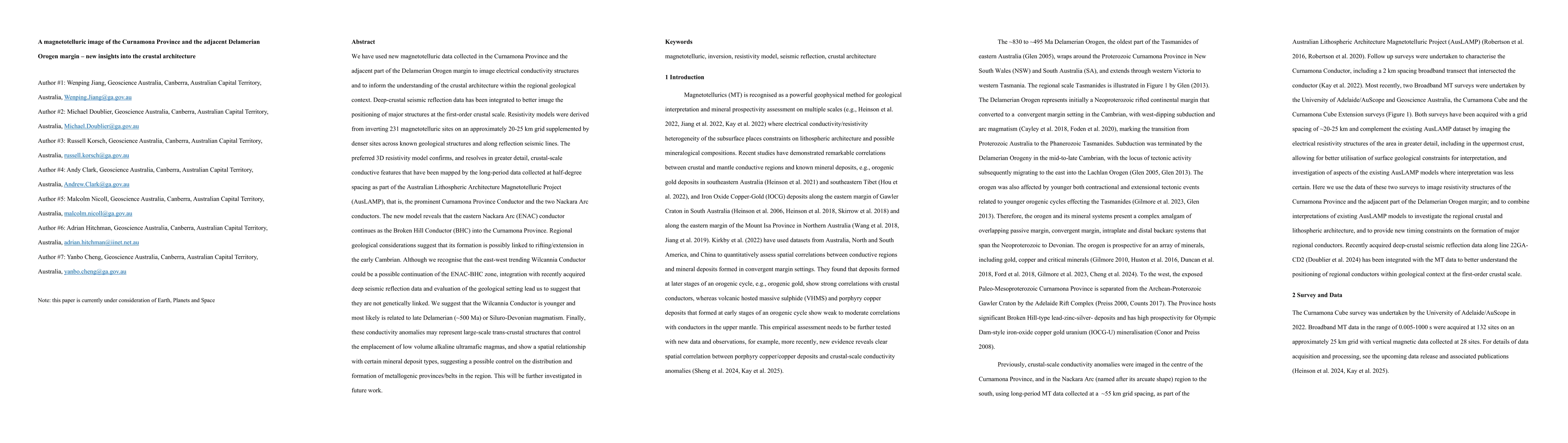 Thumbnail for A magnetotelluric image of the Curnamona Province and the adjacent Delamerian Orogen margin: new insights into the crustal architecture
