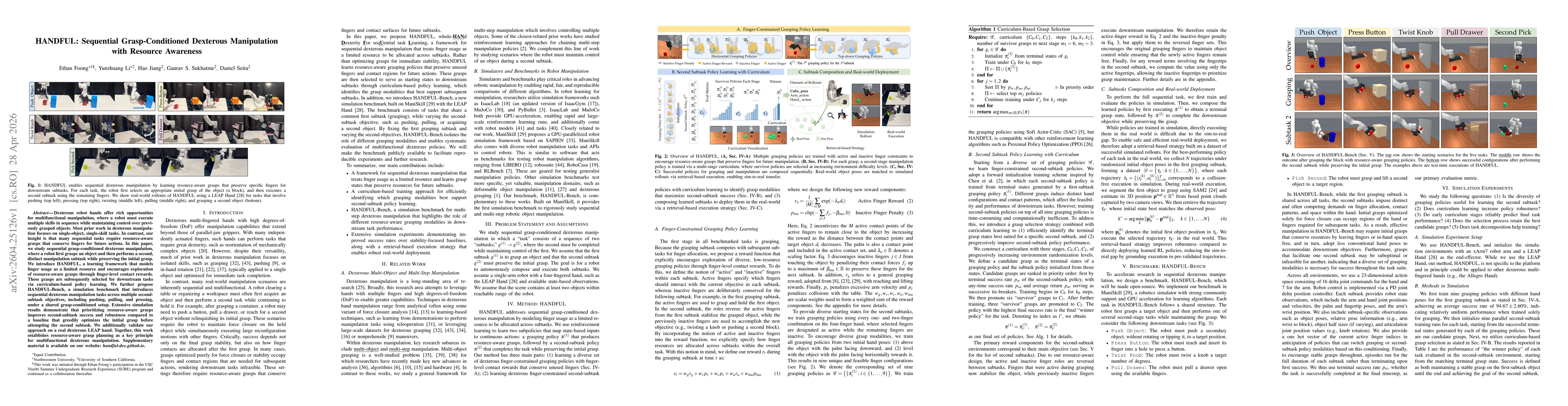 Thumbnail for HANDFUL: Sequential Grasp-Conditioned Dexterous Manipulation with Resource Awareness