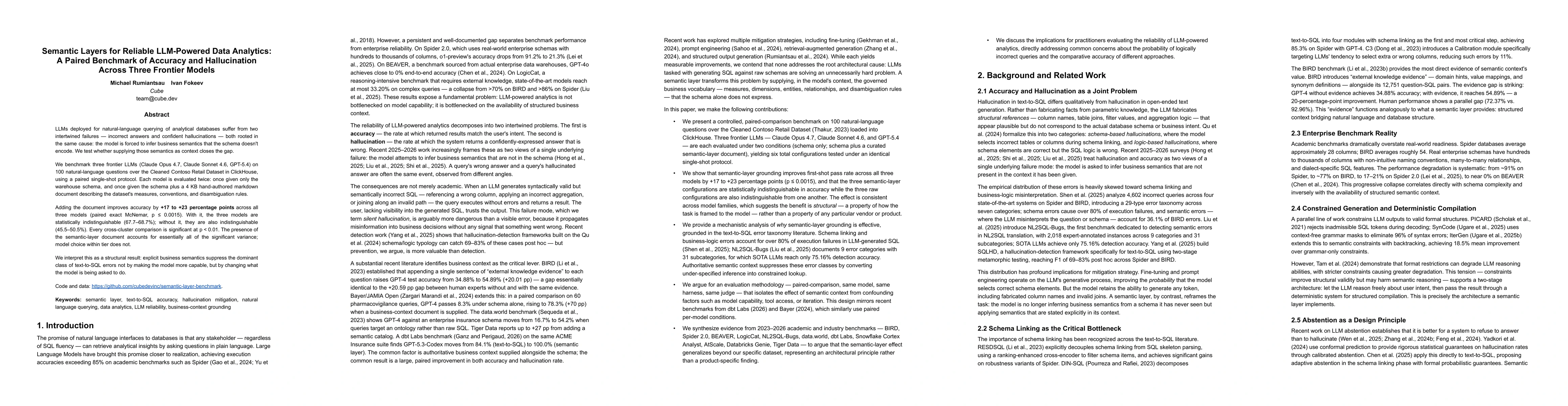 Thumbnail for Semantic Layers for Reliable LLM-Powered Data Analytics: A Paired Benchmark of Accuracy and Hallucination Across Three Frontier Models