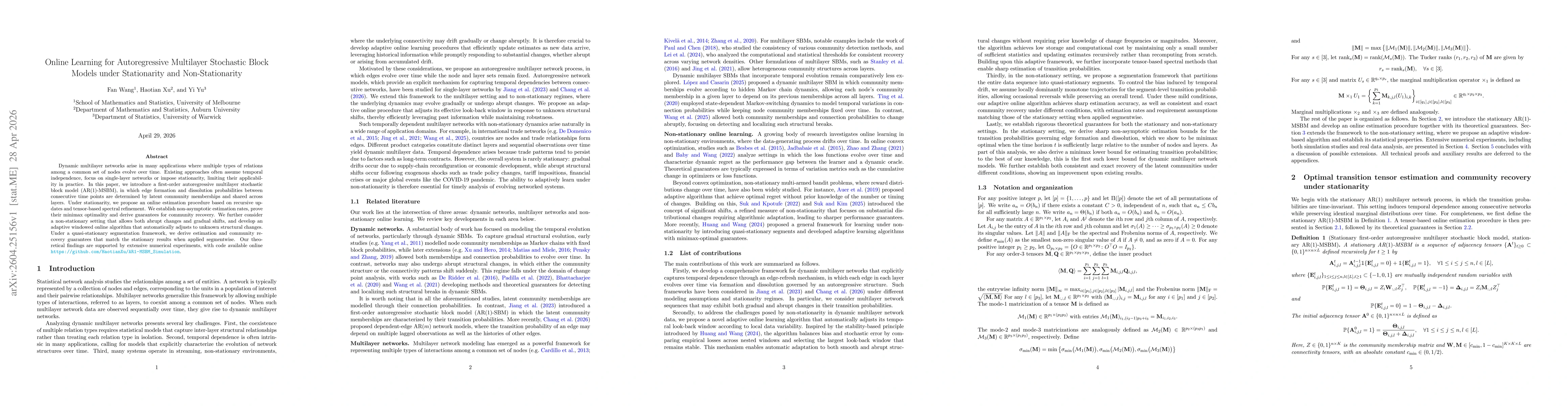 Thumbnail for Online Learning for Autoregressive Multilayer Stochastic Block Models under Stationarity and Non-Stationarity