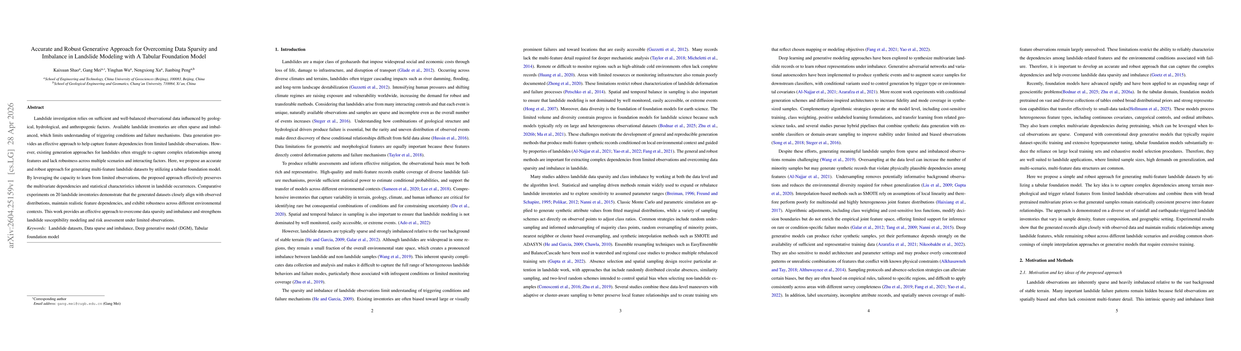Thumbnail for Accurate and Robust Generative Approach for Overcoming Data Sparsity and Imbalance in Landslide Modeling with A Tabular Foundation Model