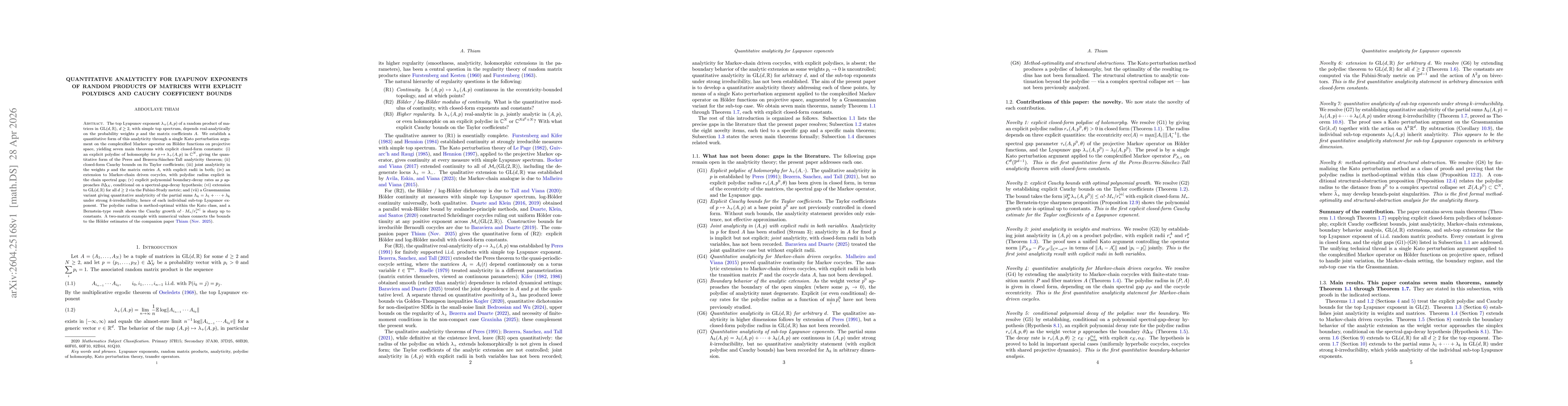 Thumbnail for Quantitative Analyticity for Lyapunov Exponents of Random Products of Matrices with Explicit Polydiscs and Cauchy Coefficient Bounds