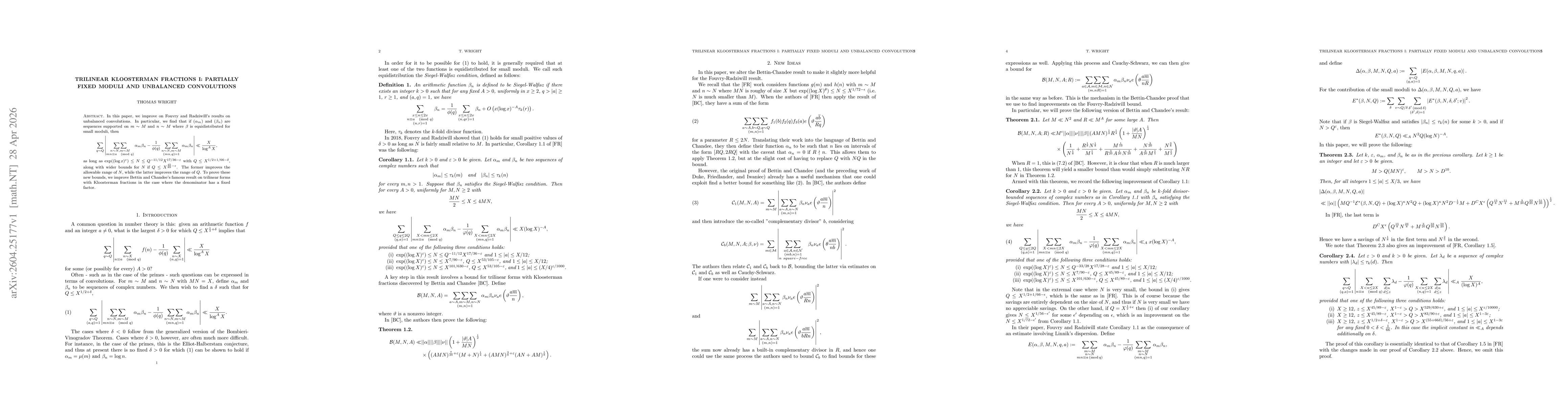 Thumbnail for Trilinear Kloosterman fractions I: partially fixed moduli and unbalanced convolutions