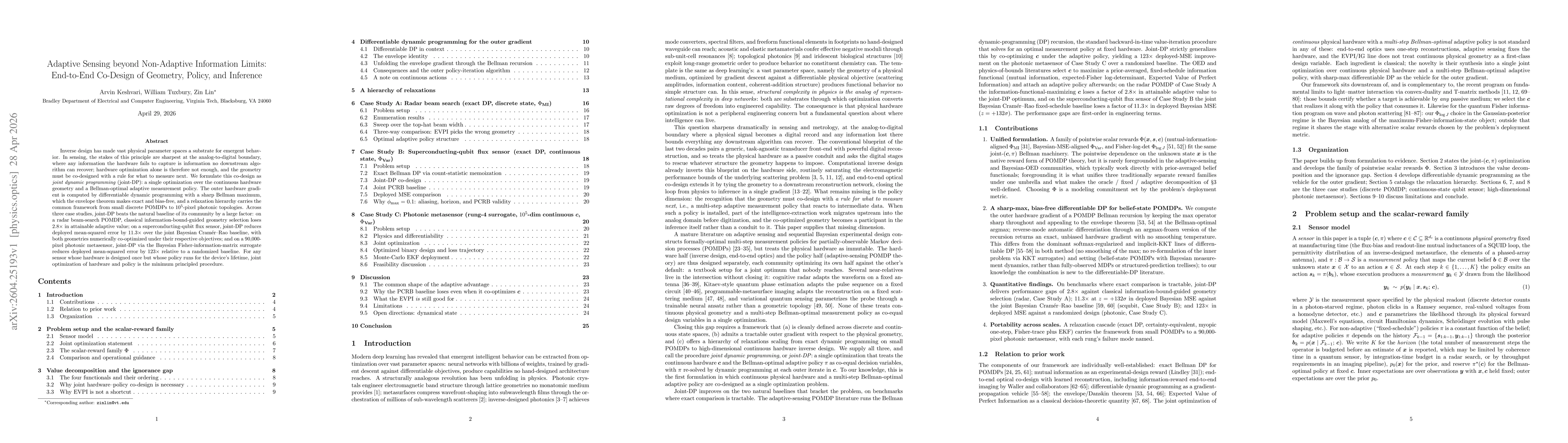 Thumbnail for Adaptive Sensing beyond Non-Adaptive Information Limits: End-to-End Co-Design of Geometry, Policy, and Inference