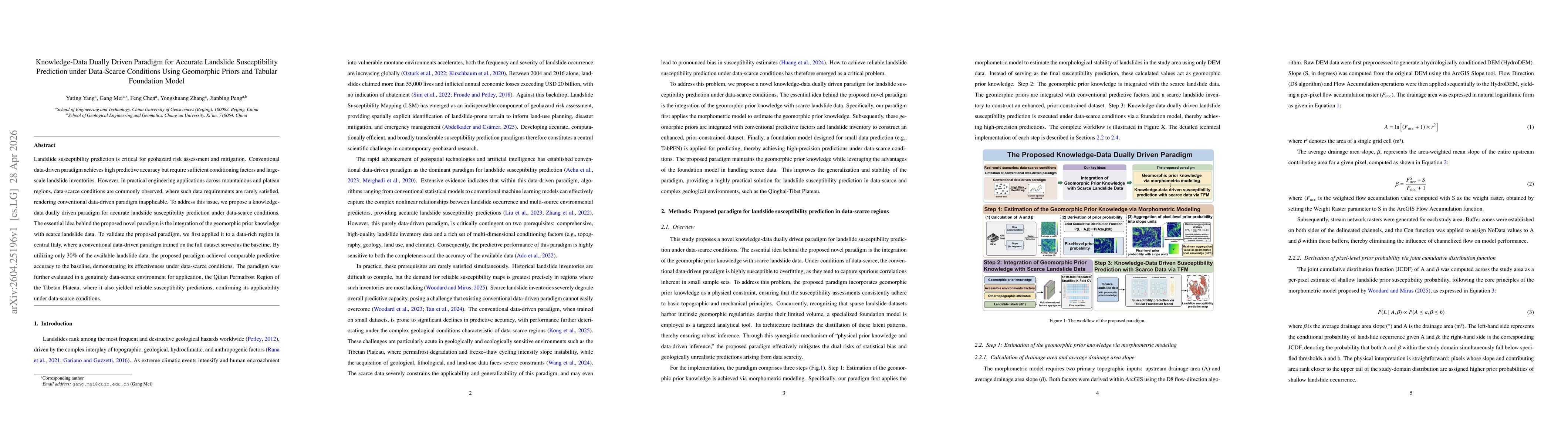 Thumbnail for Knowledge-Data Dually Driven Paradigm for Accurate Landslide Susceptibility Prediction under Data-Scarce Conditions Using Geomorphic Priors and Tabular Foundation Model