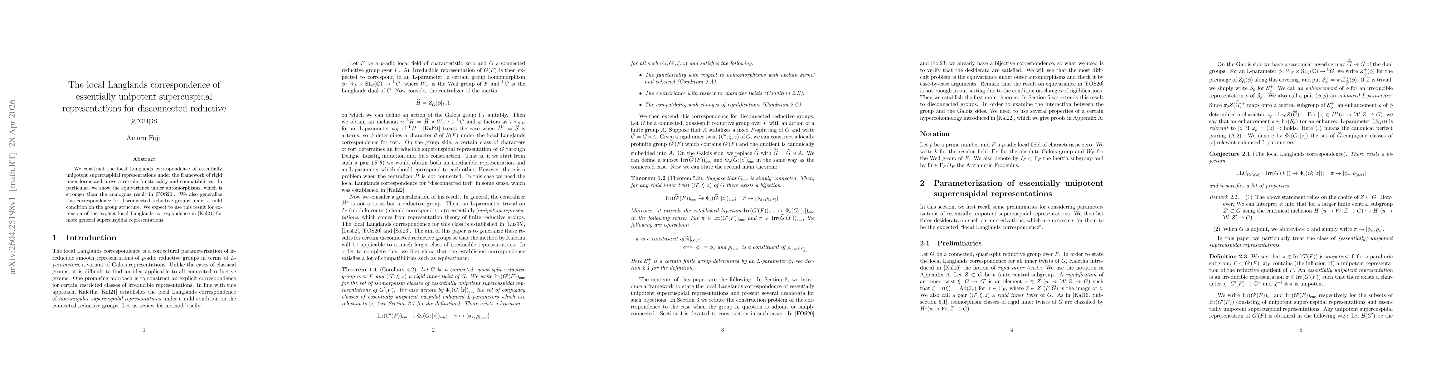 Thumbnail for The local Langlands correspondence of essentially unipotent supercuspidal representations for disconnected reductive groups