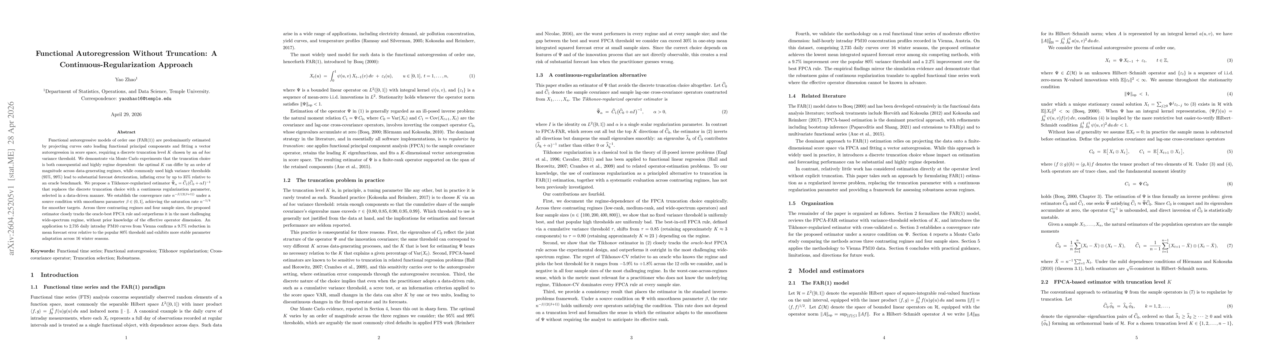 Thumbnail for Functional Autoregression Without Truncation: A Continuous-Regularization Approach