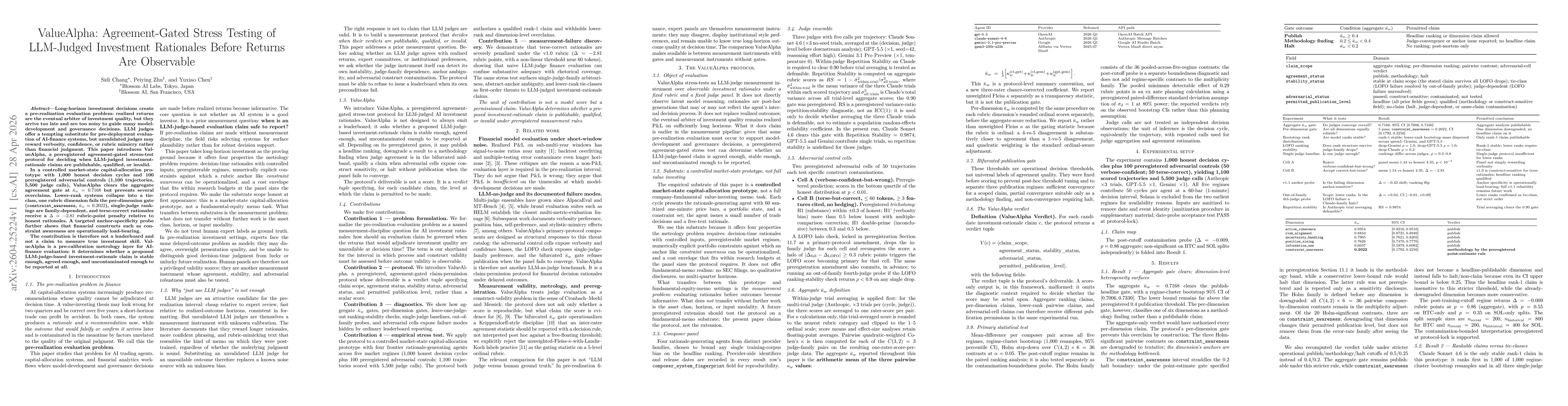 Thumbnail for ValueAlpha: Agreement-Gated Stress Testing of LLM-Judged Investment Rationales Before Returns Are Observable