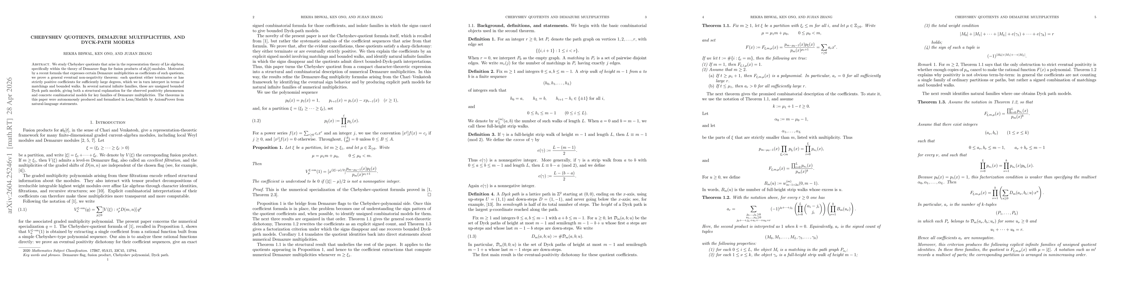 Thumbnail for Chebyshev quotients, Demazure multiplicities, and Dyck-path models