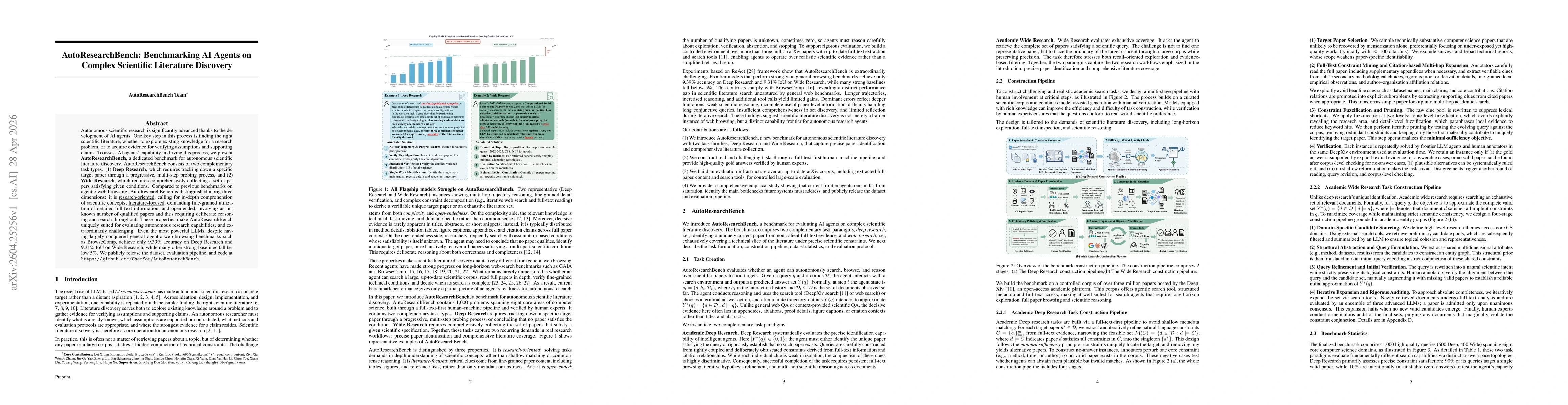 Thumbnail for AutoResearchBench: Benchmarking AI Agents on Complex Scientific Literature Discovery