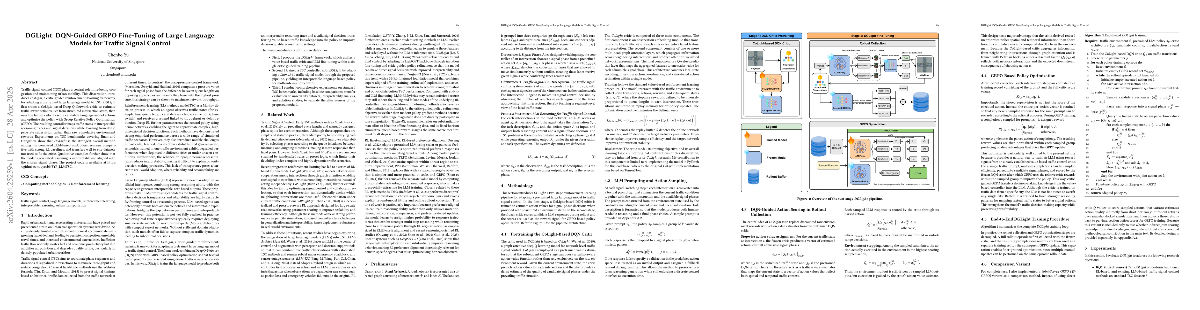 Thumbnail for DGLight: DQN-Guided GRPO Fine-Tuning of Large Language Models for Traffic Signal Control