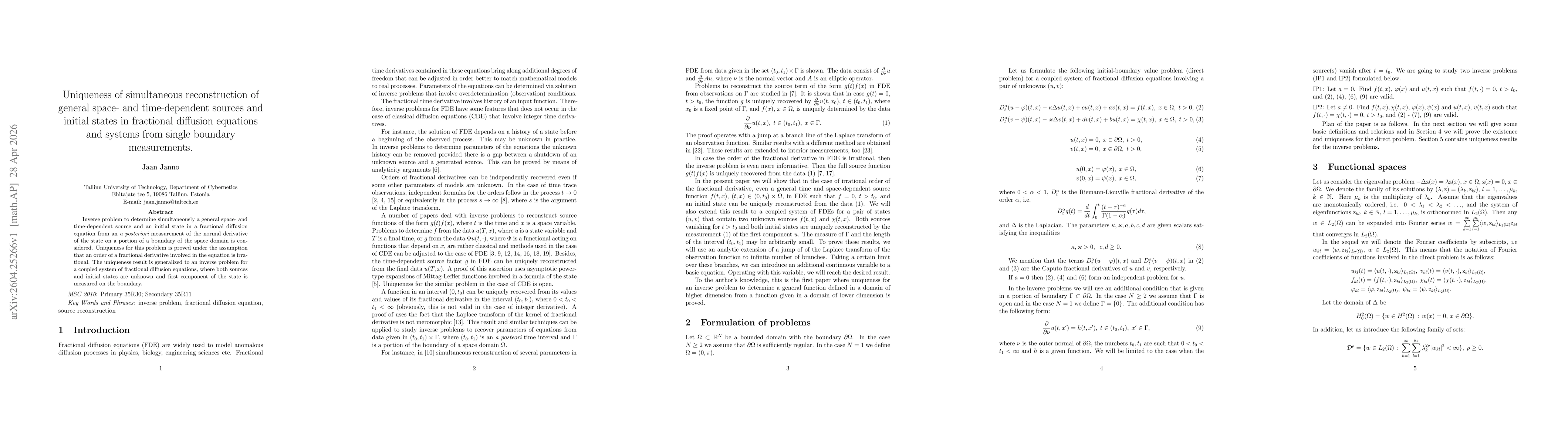 Thumbnail for Uniqueness of simultaneous reconstruction of general space- and time-dependent sources and initial states in fractional diffusion equations and systems from single boundary measurements