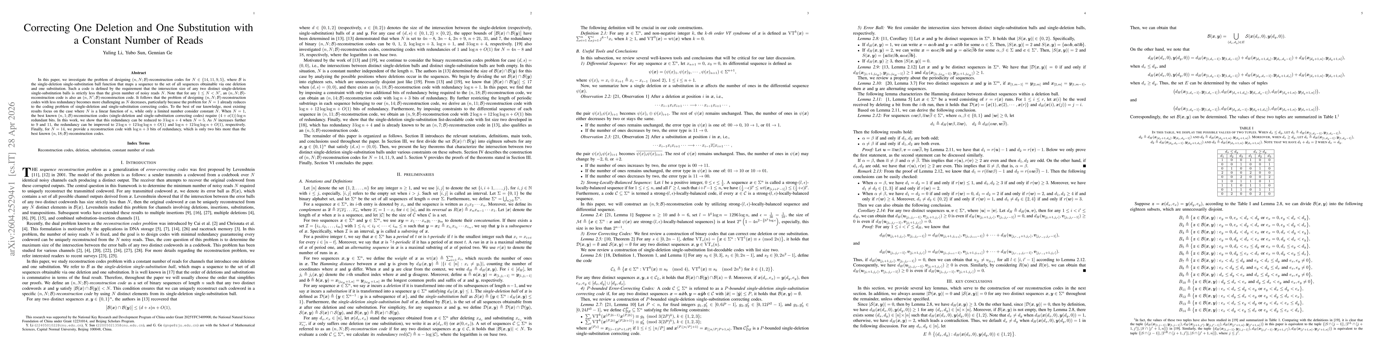 Thumbnail for Correcting One Deletion and One Substitution with a Constant Number of Reads