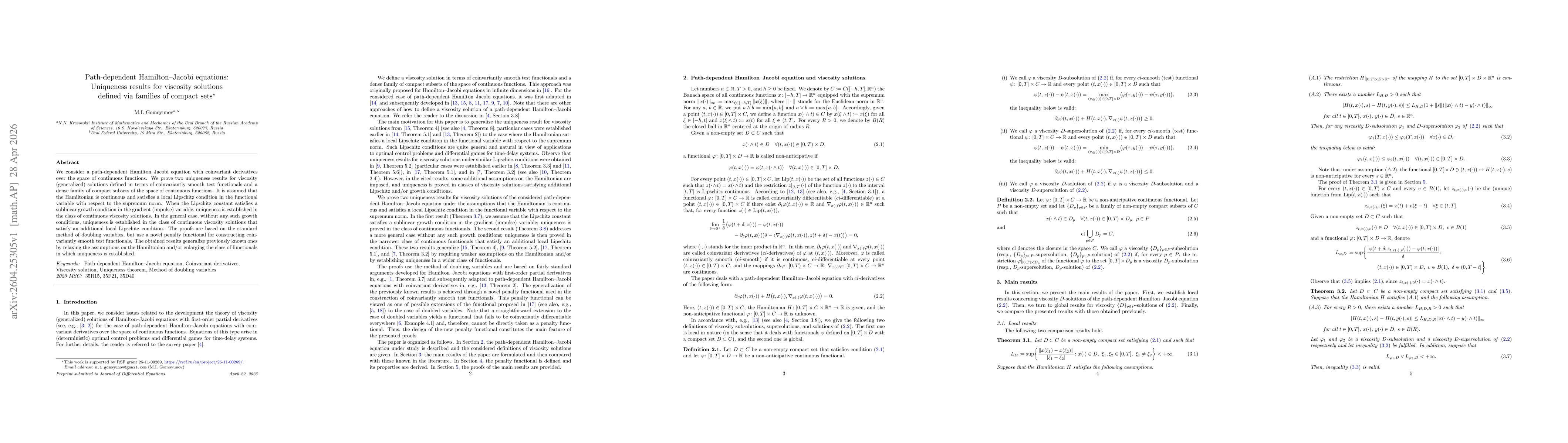Thumbnail for Path-dependent Hamilton--Jacobi equations: Uniqueness results for viscosity solutions defined via families of compact sets