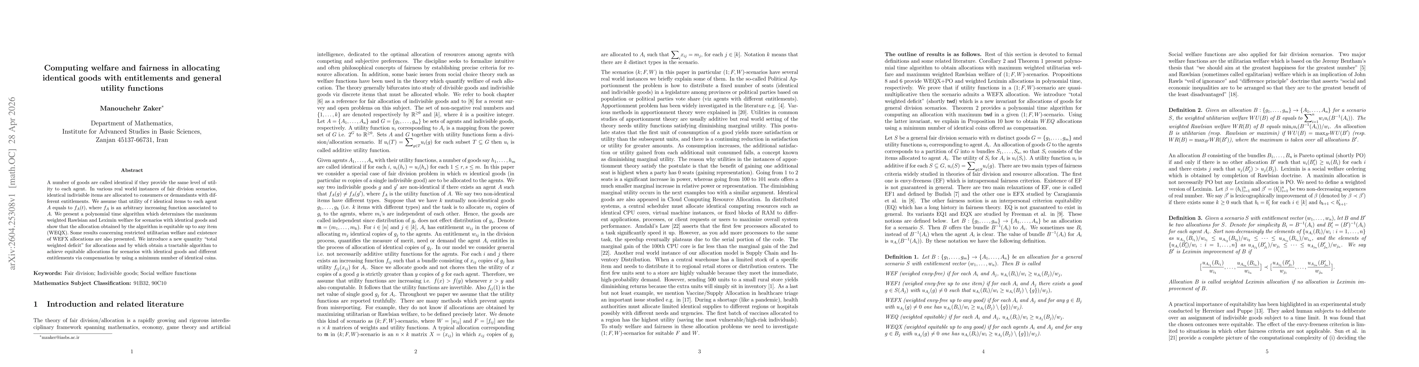 Thumbnail for Computing welfare and fairness in allocating identical goods with entitlements and general utility functions