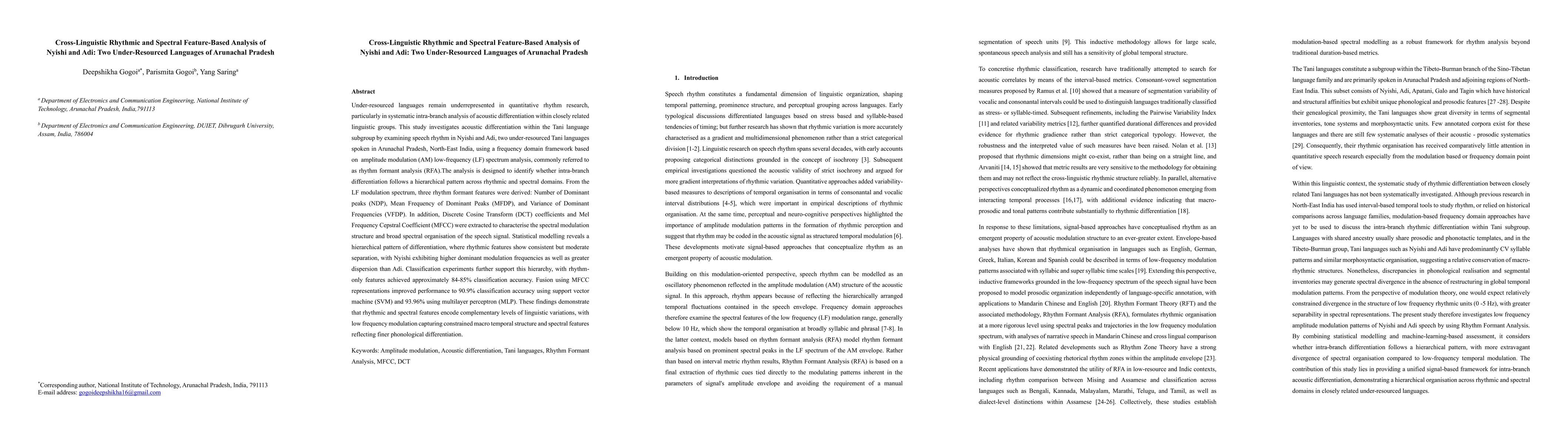Thumbnail for Cross-Linguistic Rhythmic and Spectral Feature-Based Analysis of Nyishi and Adi: Two Under-Resourced Languages of Arunachal Pradesh