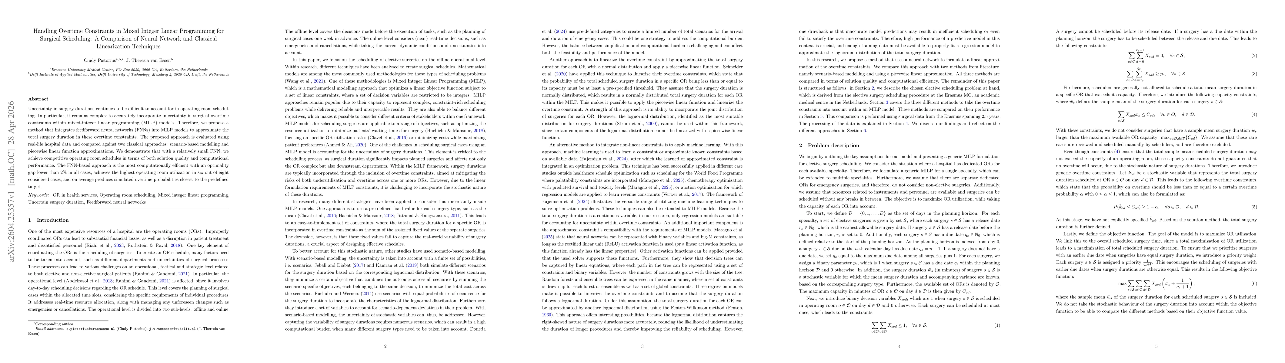 Thumbnail for Handling Overtime Constraints in Mixed Integer Linear Programming for Surgical Scheduling: A Comparison of Neural Network and Classical Linearization Techniques