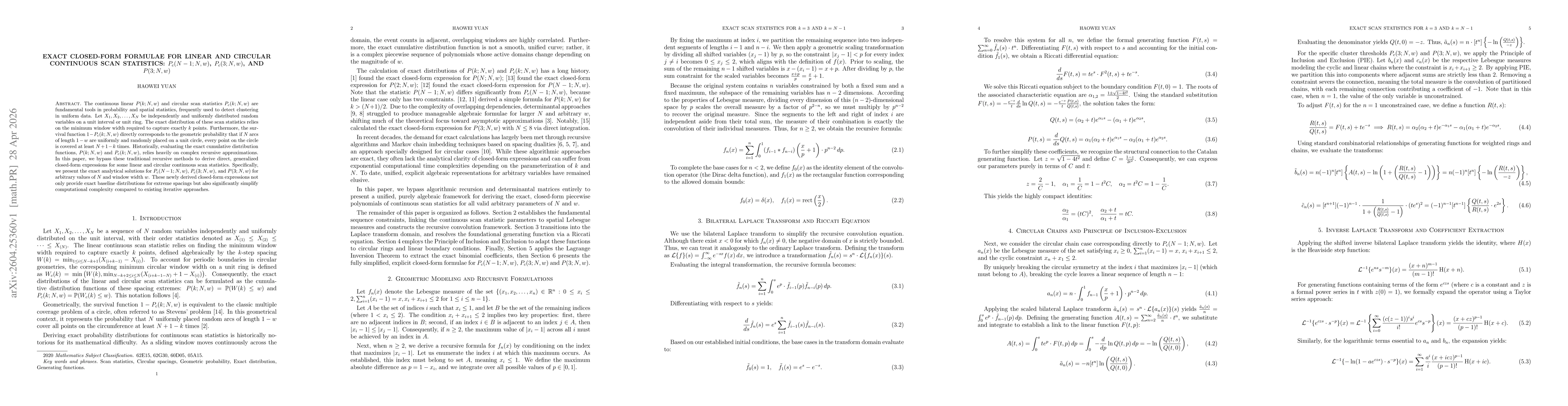 Thumbnail for Exact Closed-Form Formulae for Linear and Circular Continuous Scan Statistics: $P_c(N - 1; N, w)$, $P_c(3; N, w)$, and $P(3; N, w)$