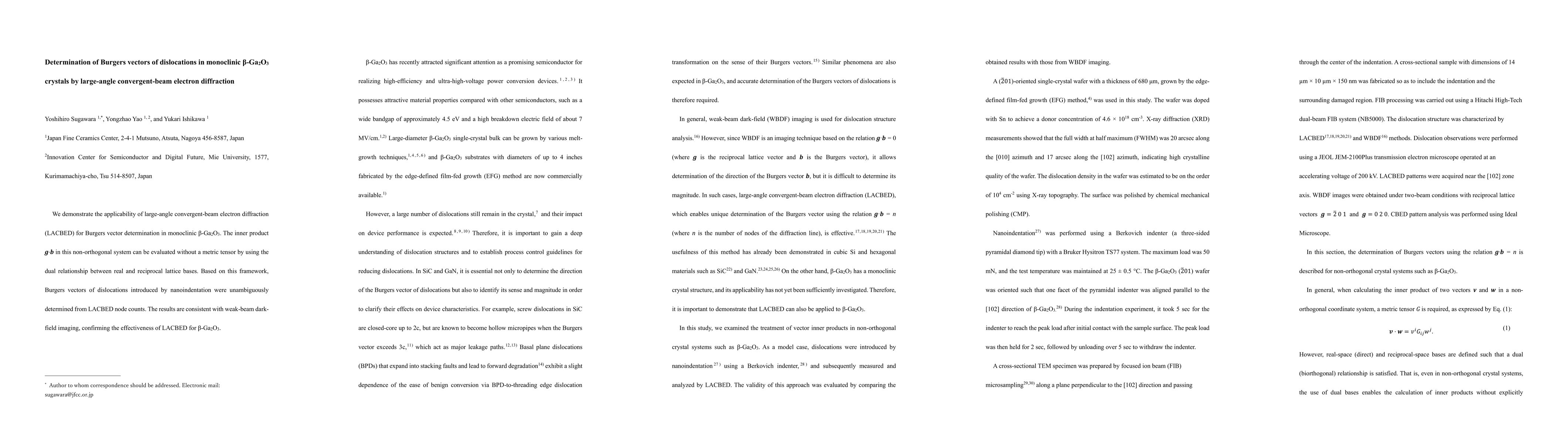 Thumbnail for Determination of Burgers vectors of dislocations in monoclinic $β$-Ga$_2$O$_3$ crystals by large-angle convergent-beam electron diffraction