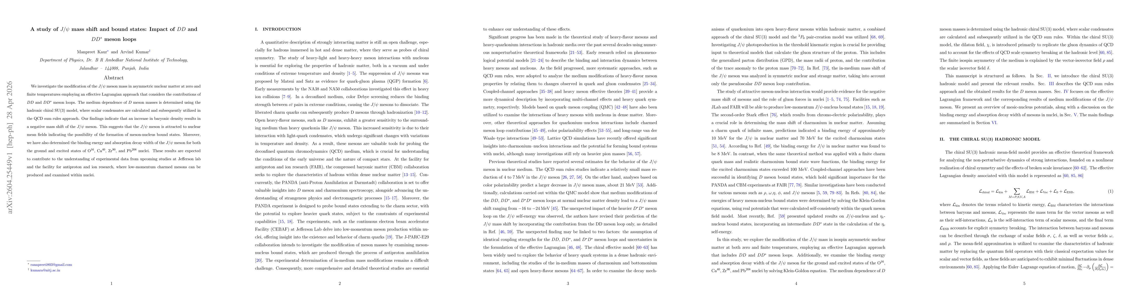 Thumbnail for A study of $J/ψ$ mass shift and bound states: Impact of $D D$ and $DD^*$ meson loops