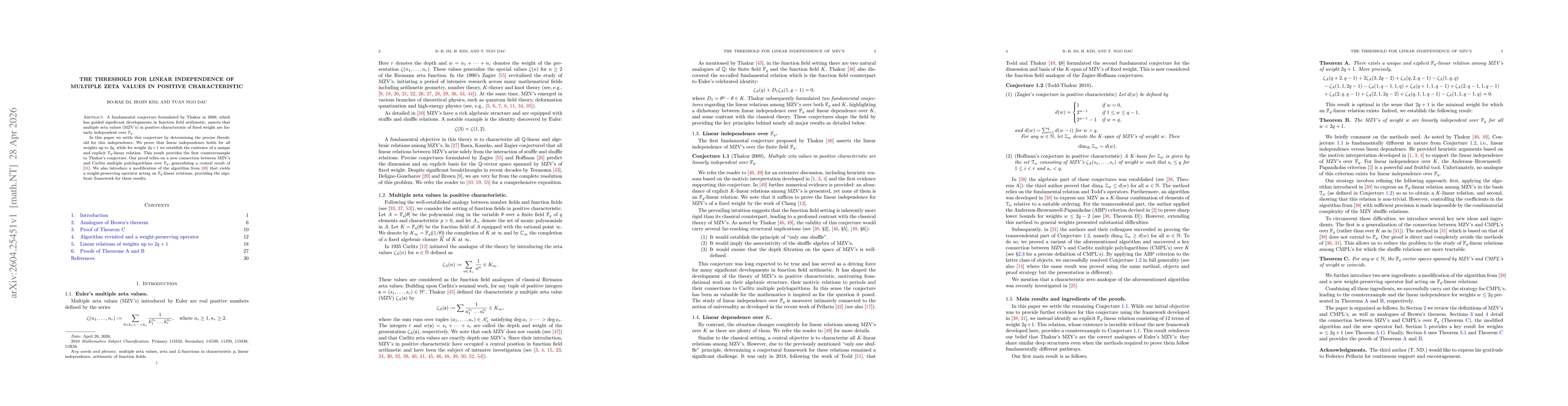 Thumbnail for The threshold for linear independence of multiple zeta values in positive characteristic