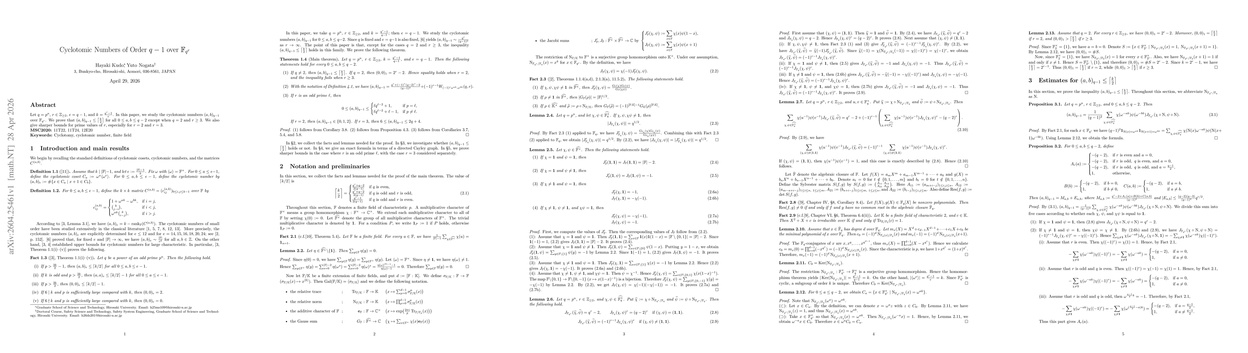 Thumbnail for Cyclotomic Numbers of Order $q-1$ over $\mathbb{F}_{q^r}$