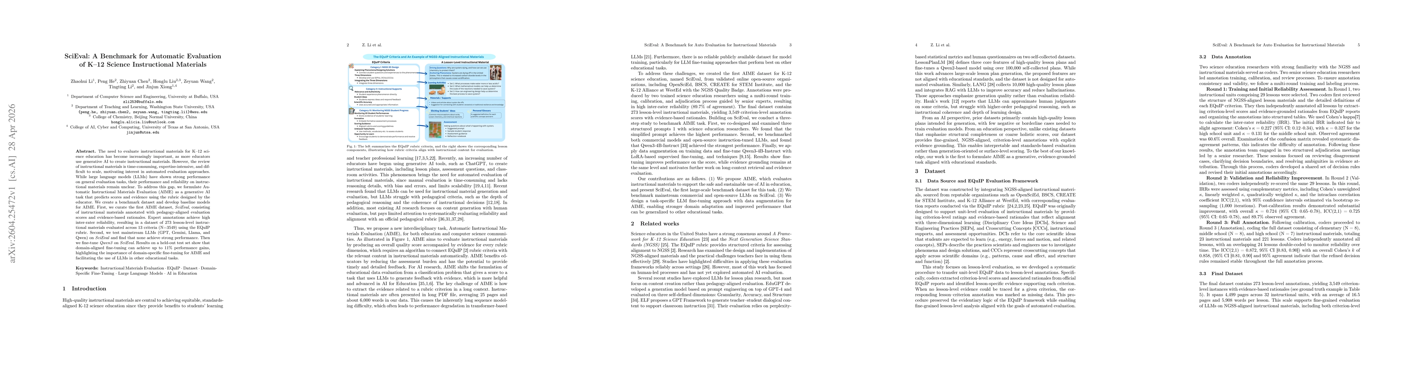Thumbnail for SciEval: A Benchmark for Automatic Evaluation of K-12 Science Instructional Materials