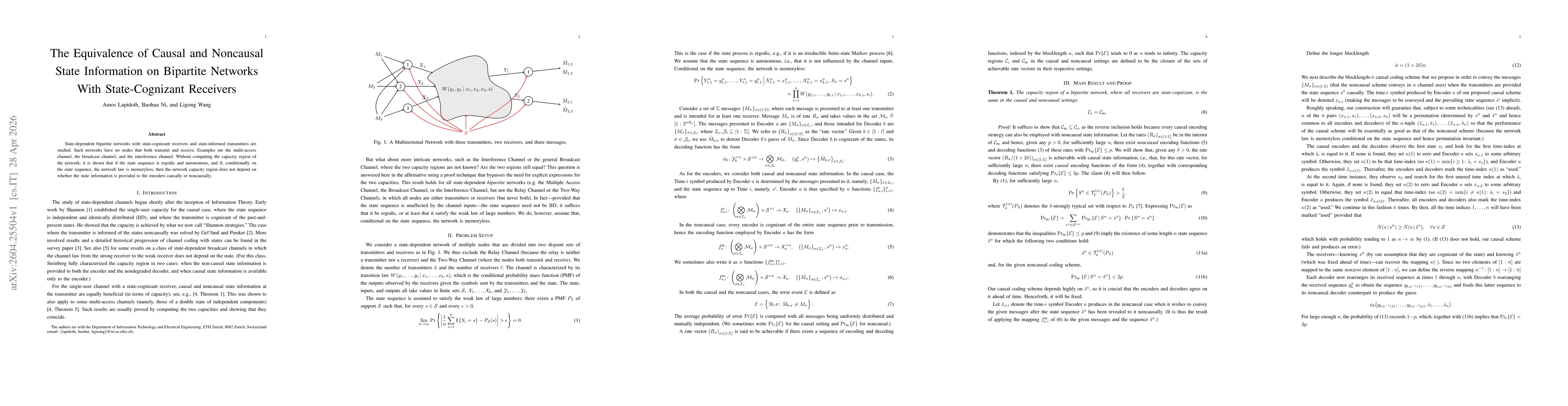 Thumbnail for The Equivalence of Causal and Noncausal State Information on Bipartite Networks With State-Cognizant Receivers