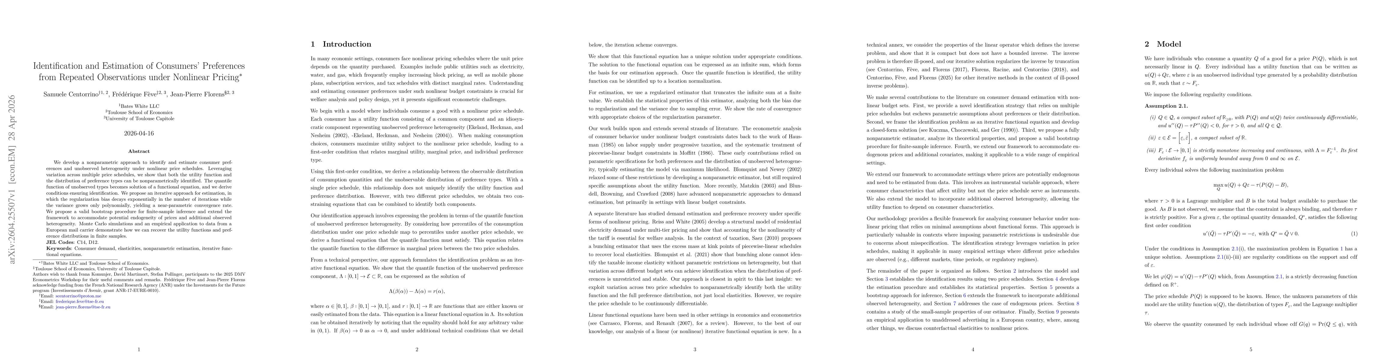 Thumbnail for Identification and Estimation of Consumers' Preferences from Repeated Observations under Nonlinear Pricing