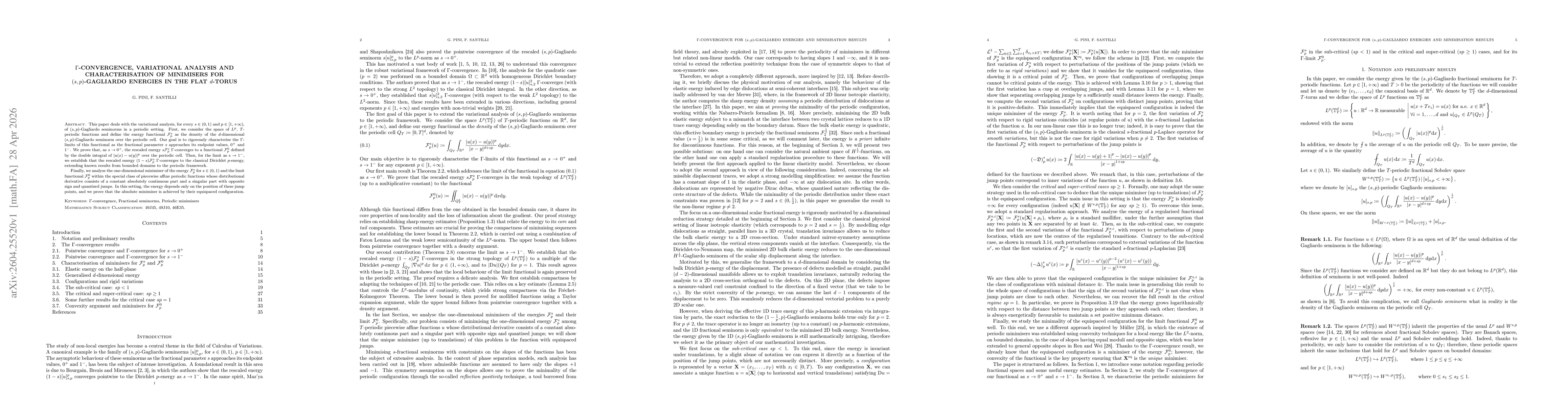 Thumbnail for $Γ$-convergence, variational analysis and characterisation of minimizers for $(s,p)$-Gagliardo energies in the flat $d$-torus