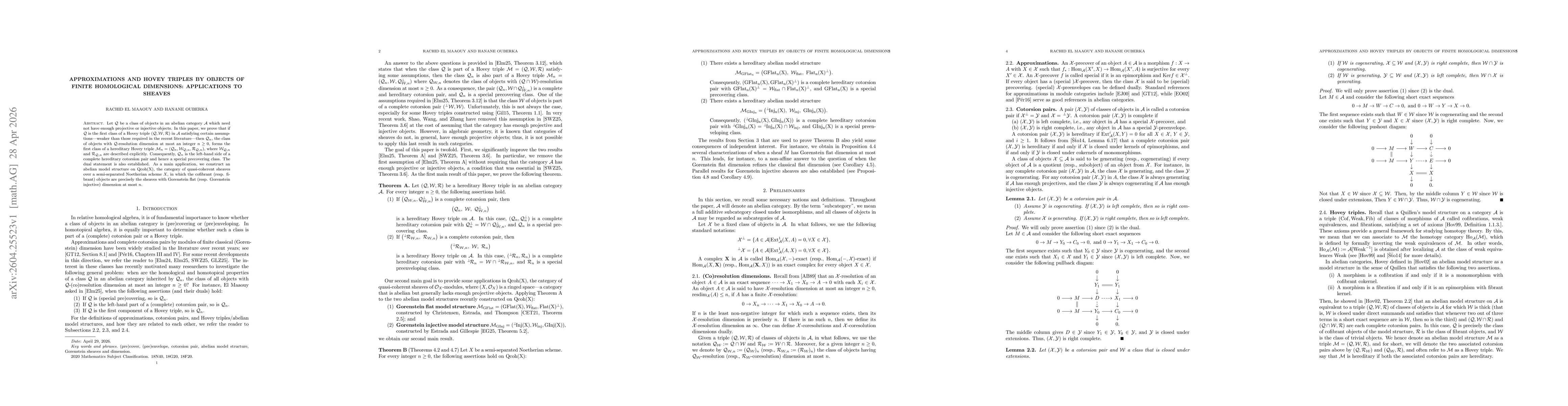 Thumbnail for Approximations and Hovey triples by objects of finite homological dimensions: Applications to sheaves