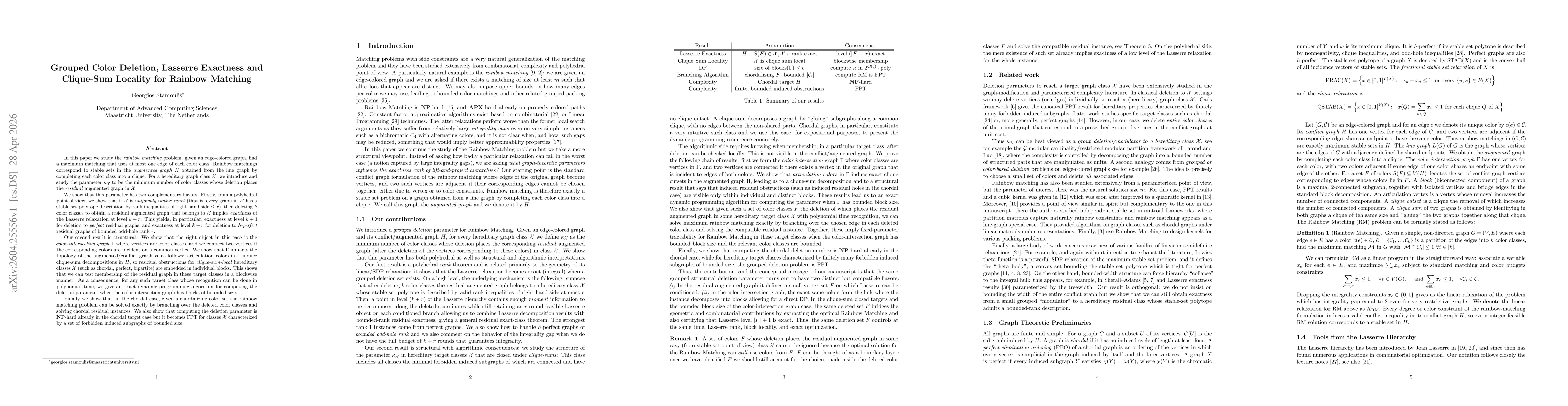 Thumbnail for Grouped Color Deletion, Lasserre Exactness and Clique-Sum Locality for Rainbow Matching