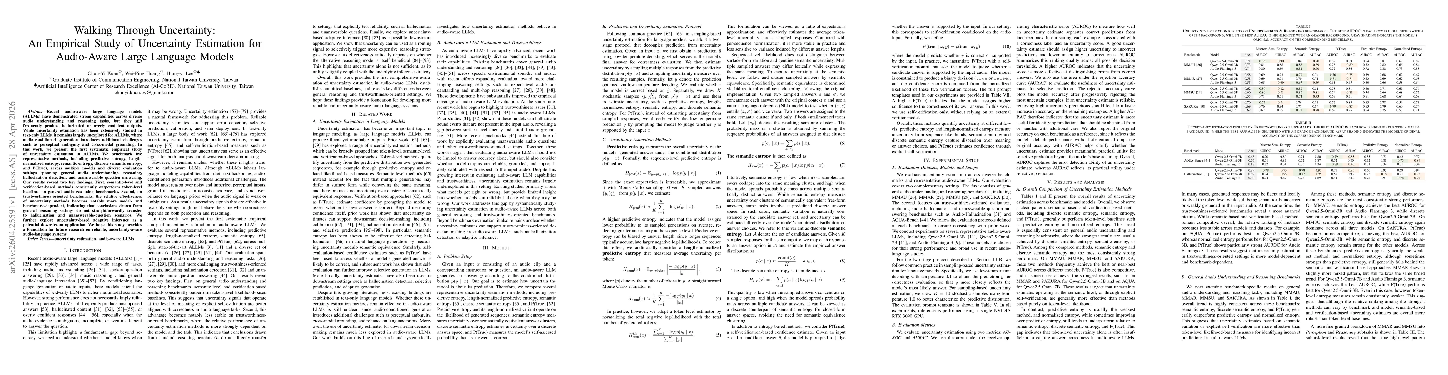 Thumbnail for Walking Through Uncertainty: An Empirical Study of Uncertainty Estimation for Audio-Aware Large Language Models