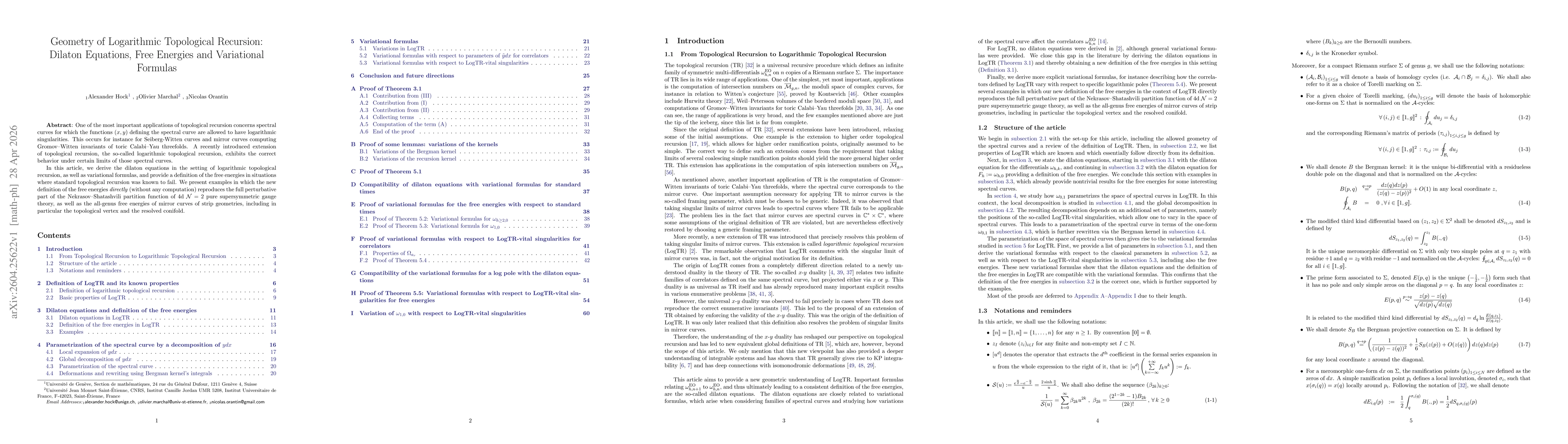 Thumbnail for Geometry of Logarithmic Topological Recursion: Dilaton Equations, Free Energies and Variational Formulas