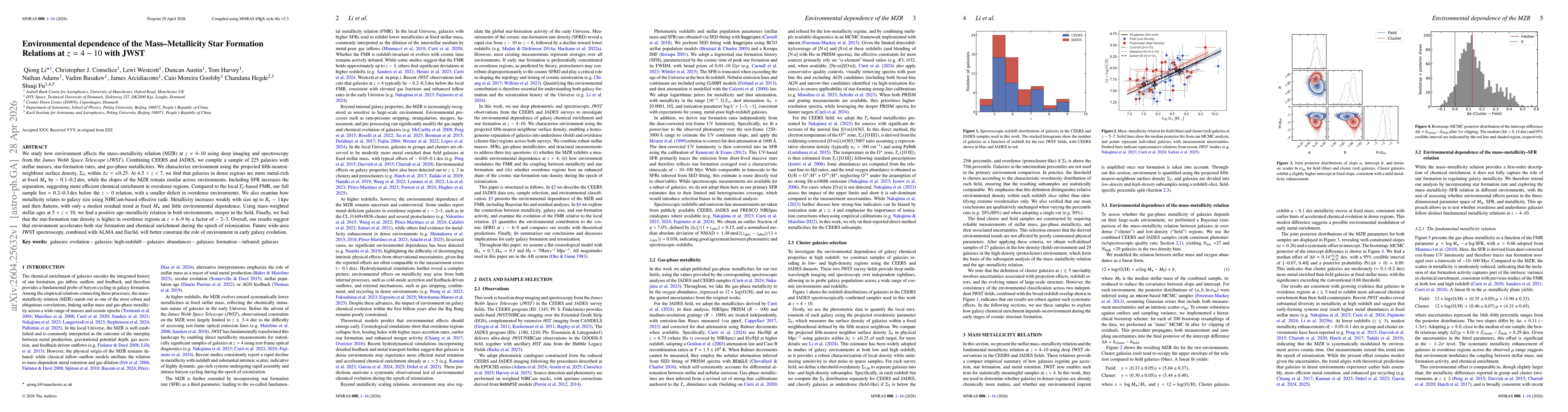 Thumbnail for Environmental dependence of the Mass-Metallicity Star Formation Relations at z=4-10 with JWST