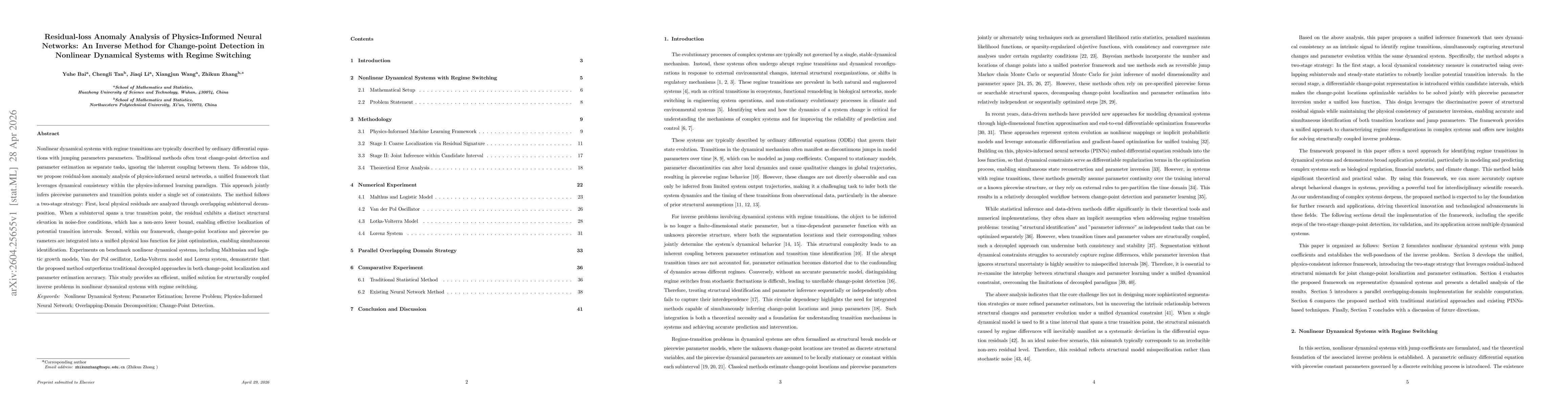 Thumbnail for Residual-loss Anomaly Analysis of Physics-Informed Neural Networks: An Inverse Method for Change-point Detection in Nonlinear Dynamical Systems with Regime Switching