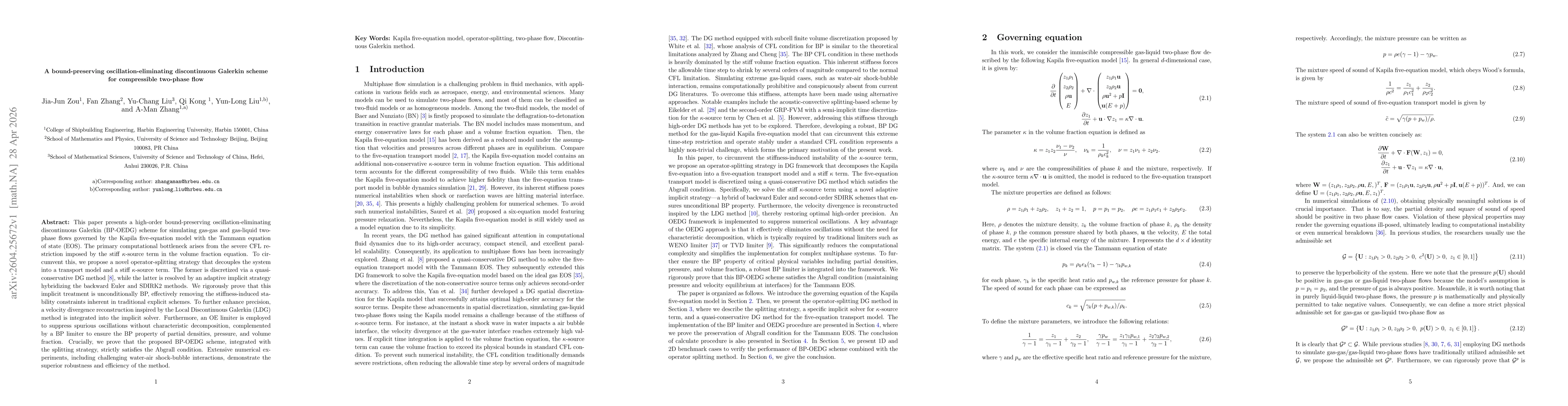 Thumbnail for A bound-preserving oscillation-eliminating discontinuous Galerkin scheme for compressible two-phase flow