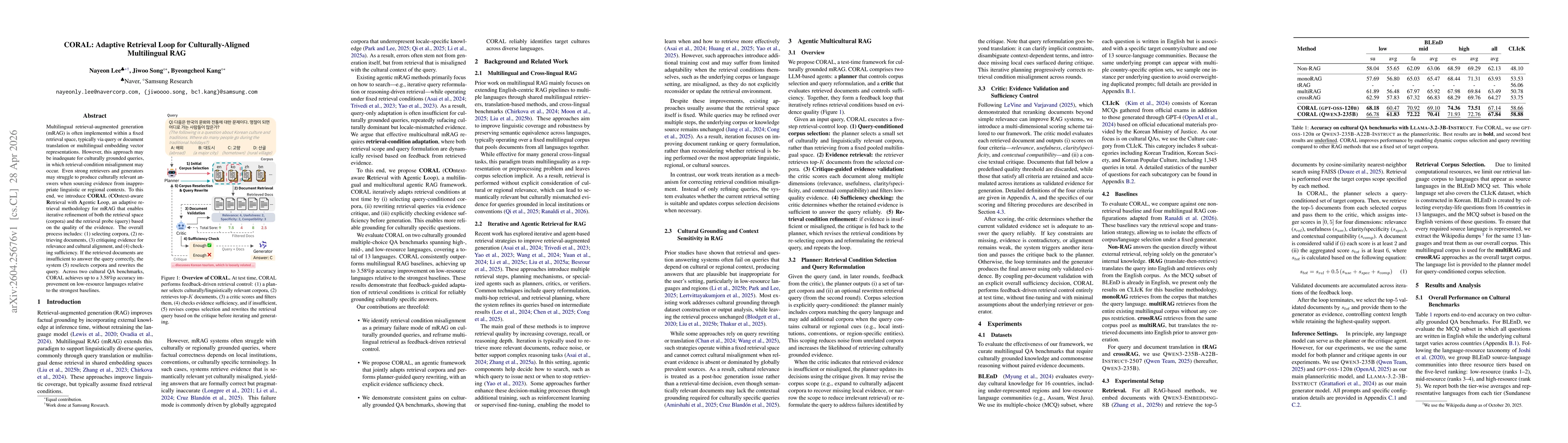 Thumbnail for CORAL: Adaptive Retrieval Loop for Culturally-Aligned Multilingual RAG