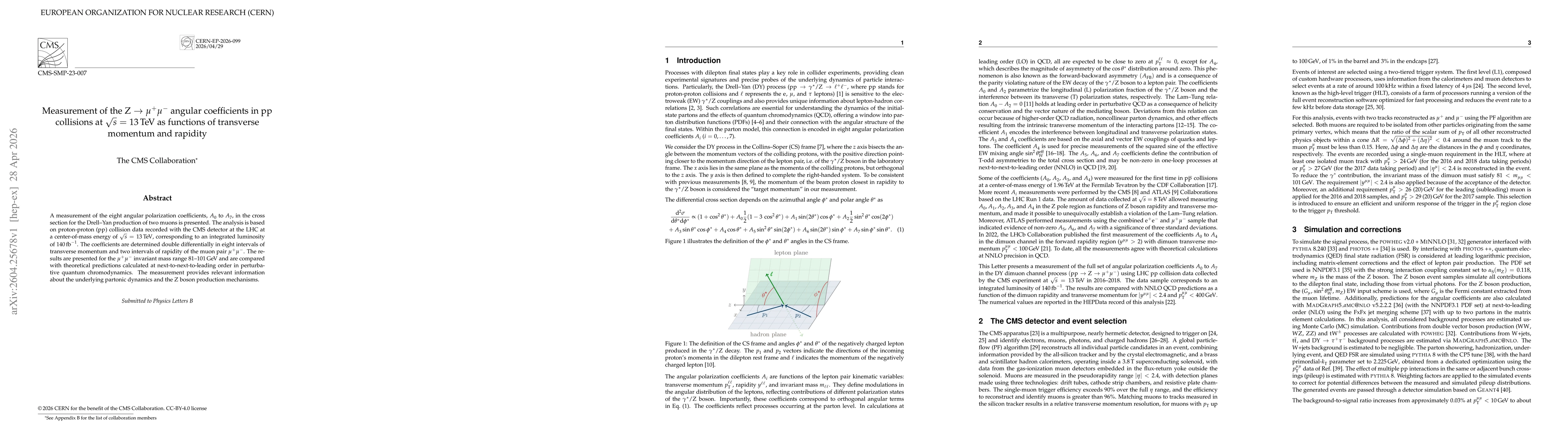 Thumbnail for Measurement of the Z $\to$ $μ^+μ^-$ angular coefficients in pp collisions at $\sqrt{s}$ = 13 TeV as functions of transverse momentum and rapidity