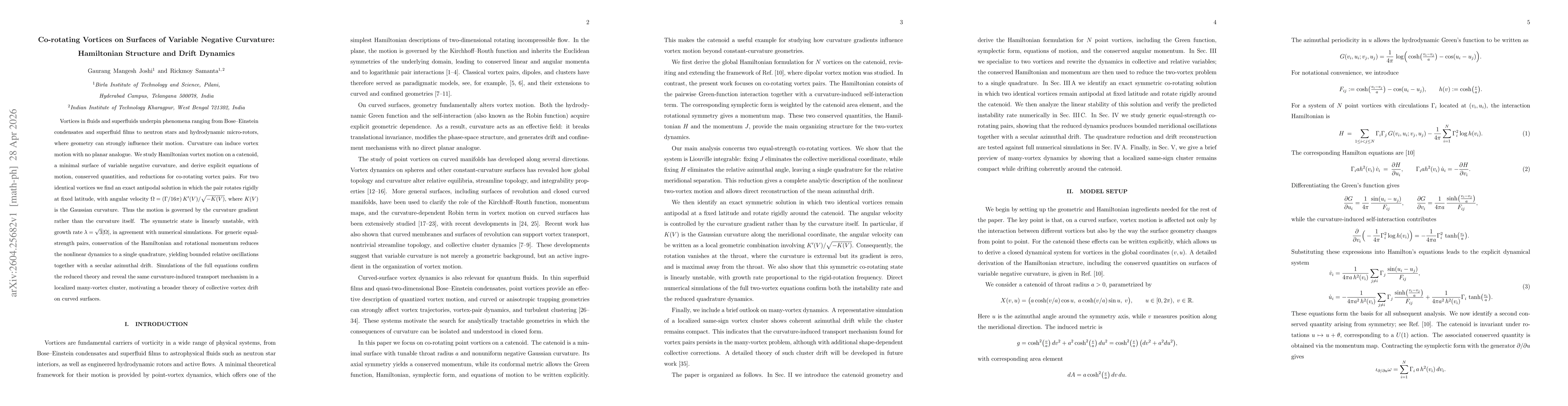 Thumbnail for Co-rotating Vortices on Surfaces of Variable Negative Curvature: Hamiltonian Structure and Drift Dynamics