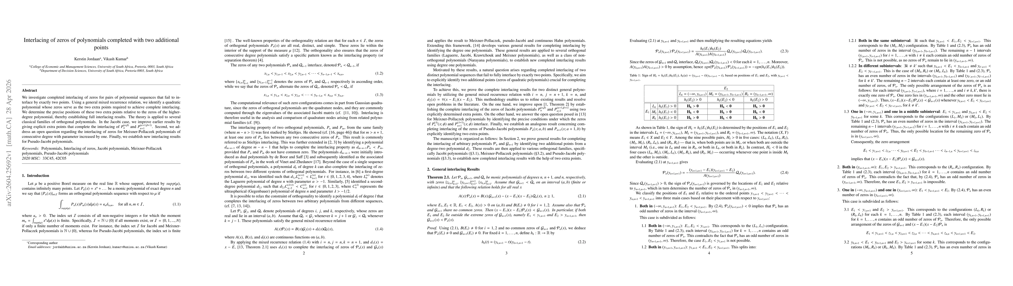 Thumbnail for Interlacing of zeros of polynomials completed with two additional points
