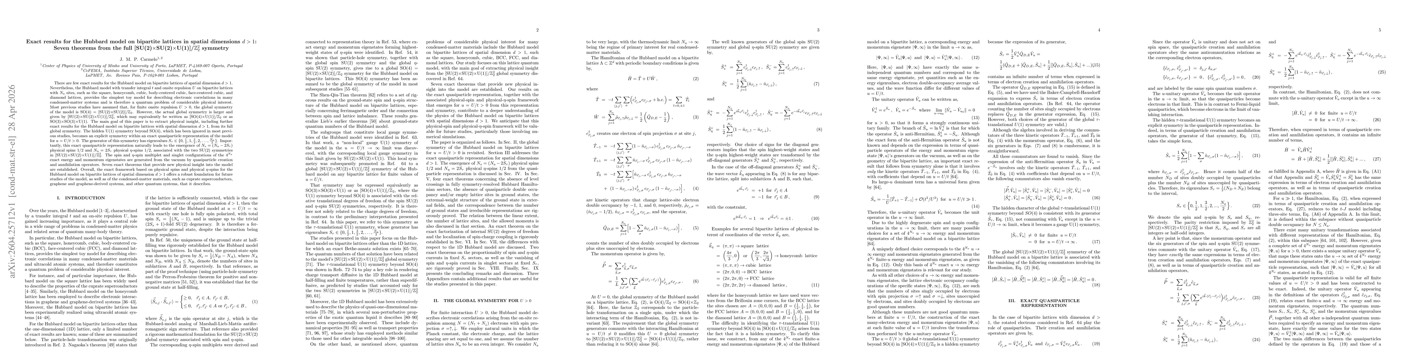 Thumbnail for Exact results for the Hubbard model on bipartite lattices in spatial dimensions $d>1$: Seven theorems from the full [SU(2)$\times$SU(2)$\times$U(1)]/$\mathbb{Z}_2^2$ symmetry