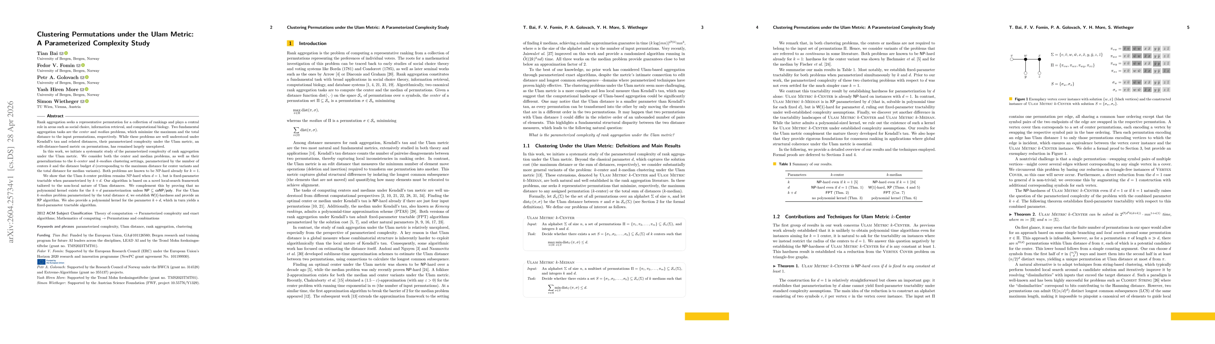 Thumbnail for Clustering Permutations under the Ulam Metric: A Parameterized Complexity Study