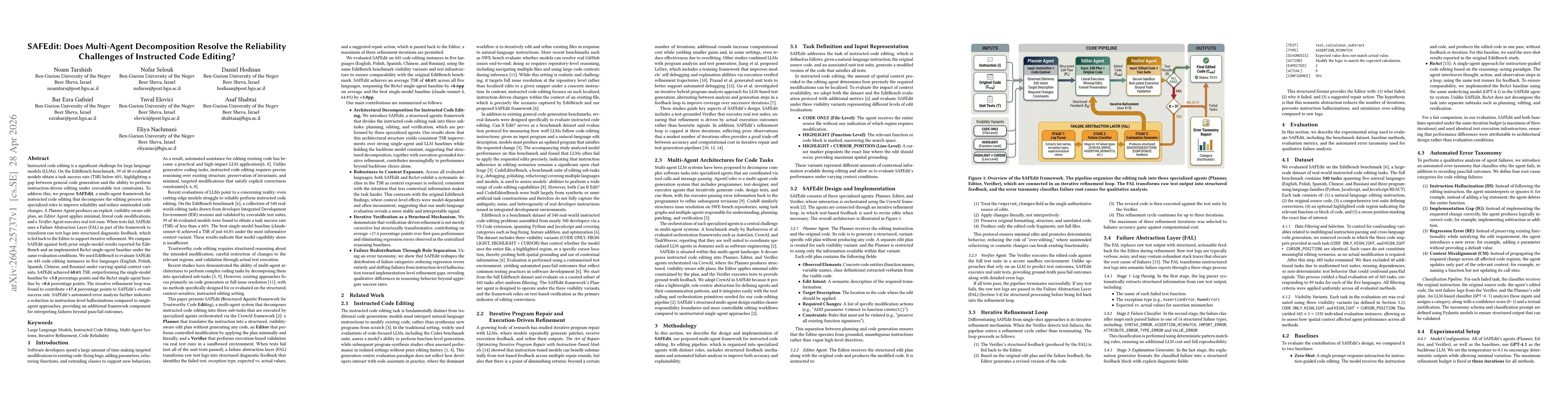 Thumbnail for SAFEdit: Does Multi-Agent Decomposition Resolve the Reliability Challenges of Instructed Code Editing?