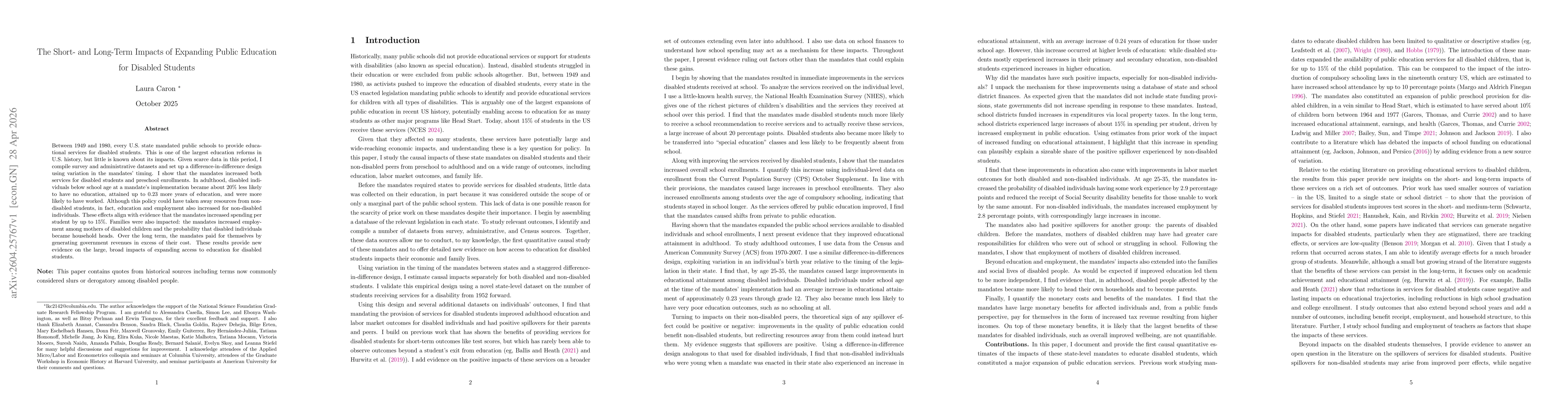 Thumbnail for The Short- and Long-Term Impacts of Expanding Public Education for Disabled Students